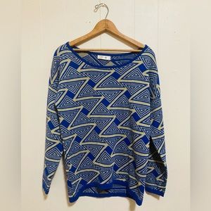 NWOT Missa Blue & Gold Shimmer Retro Geometric Print Sweater Size Large